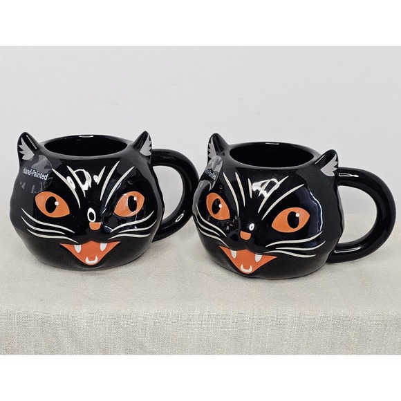The Unbranded Brand Other - Black Cat Whimsy Mystic Hand Painted Sett Of 2 Coffee Mugs